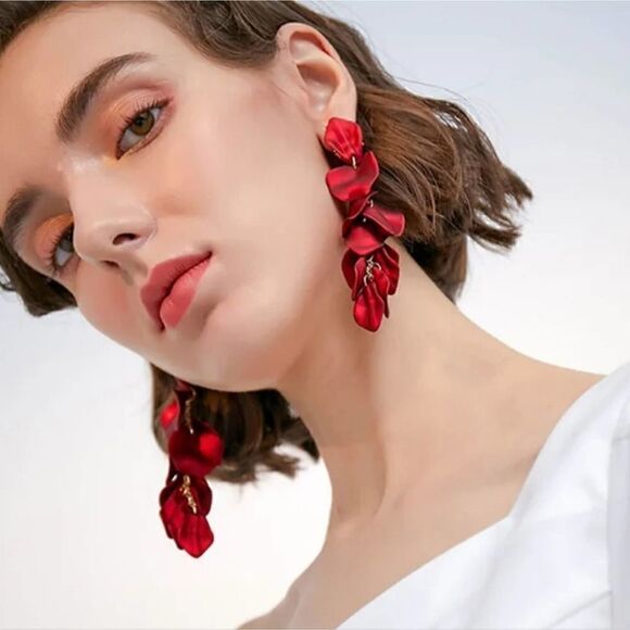 Red Rose Petal Long Earrings - Picture 15 of 15